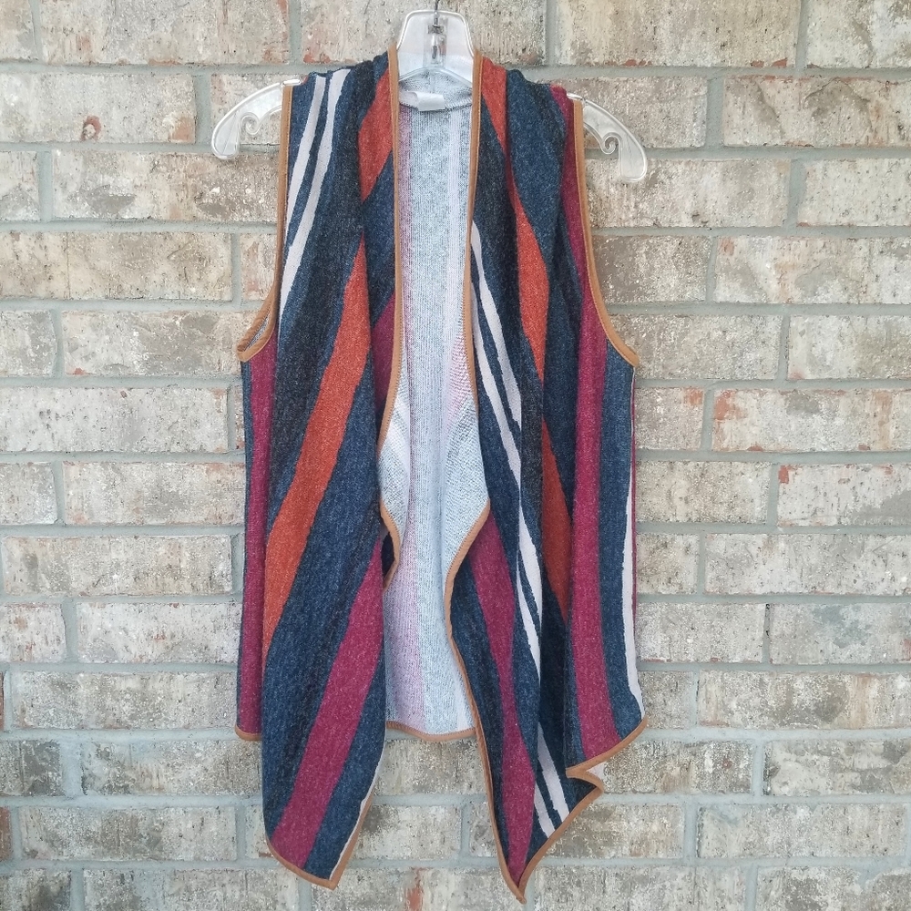7th Ray Sleeveless Striped Woven Drape Open Front Cardigan Vest (Womens Medium)